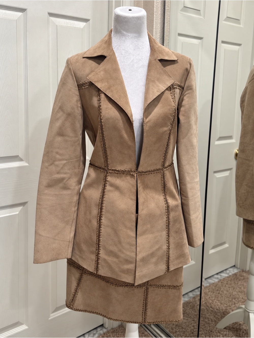 Vintage Y2K INC Suede Patchwork Skirt Set in Tan